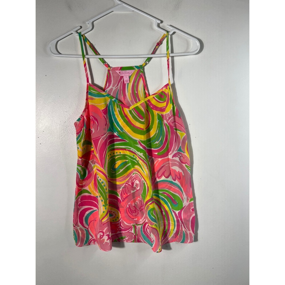 Lilly Pulitzer Flamingo Print Silk Camisole S Pink Yellow Green